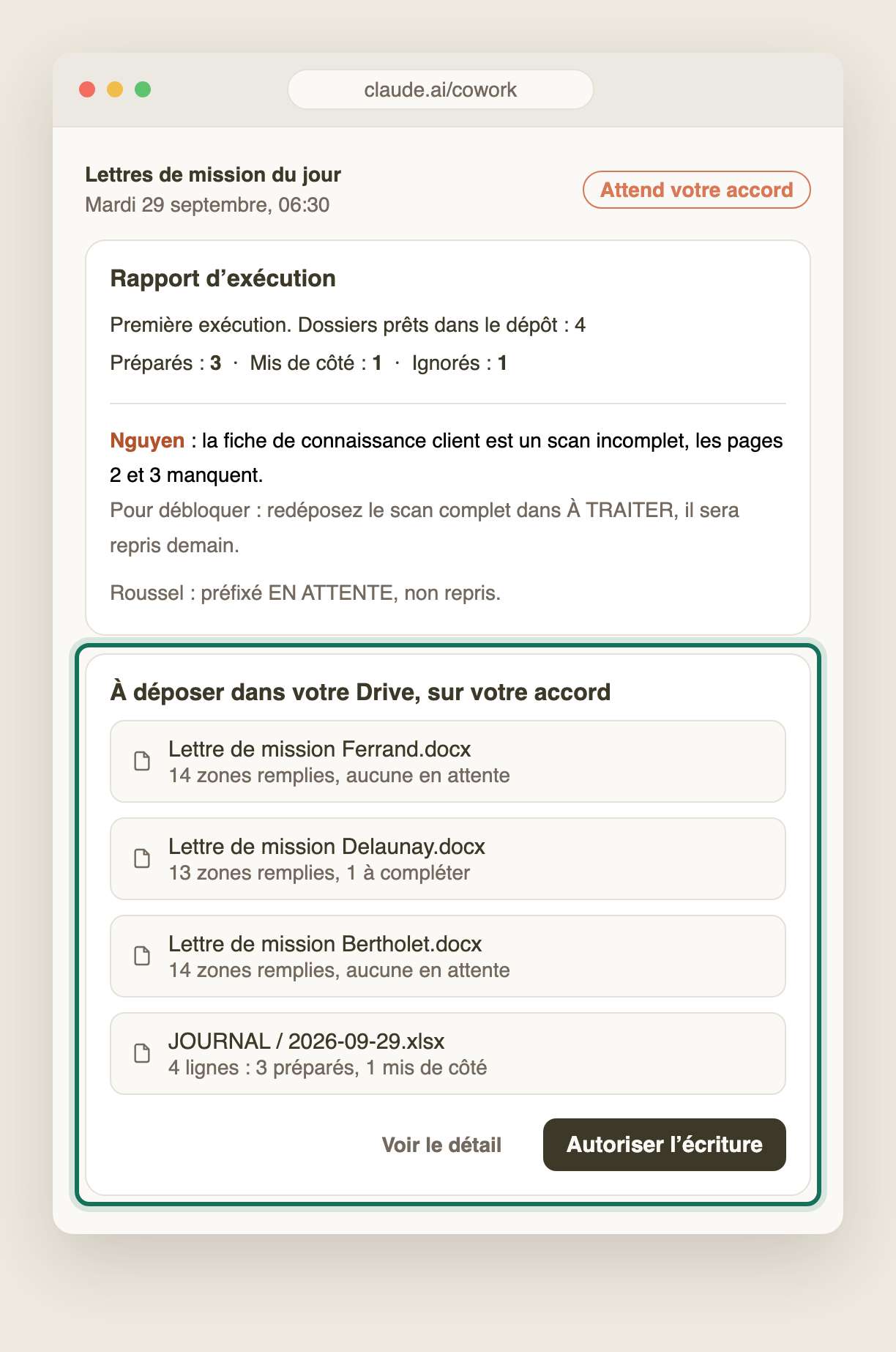 Le rapport du matin, en attente d’accord : trois lettres de mission préparées, une mise de côté parce que le scan est incomplet, une ignorée parce qu’elle est marquée en attente, et le bouton « Autoriser l’écriture ».
